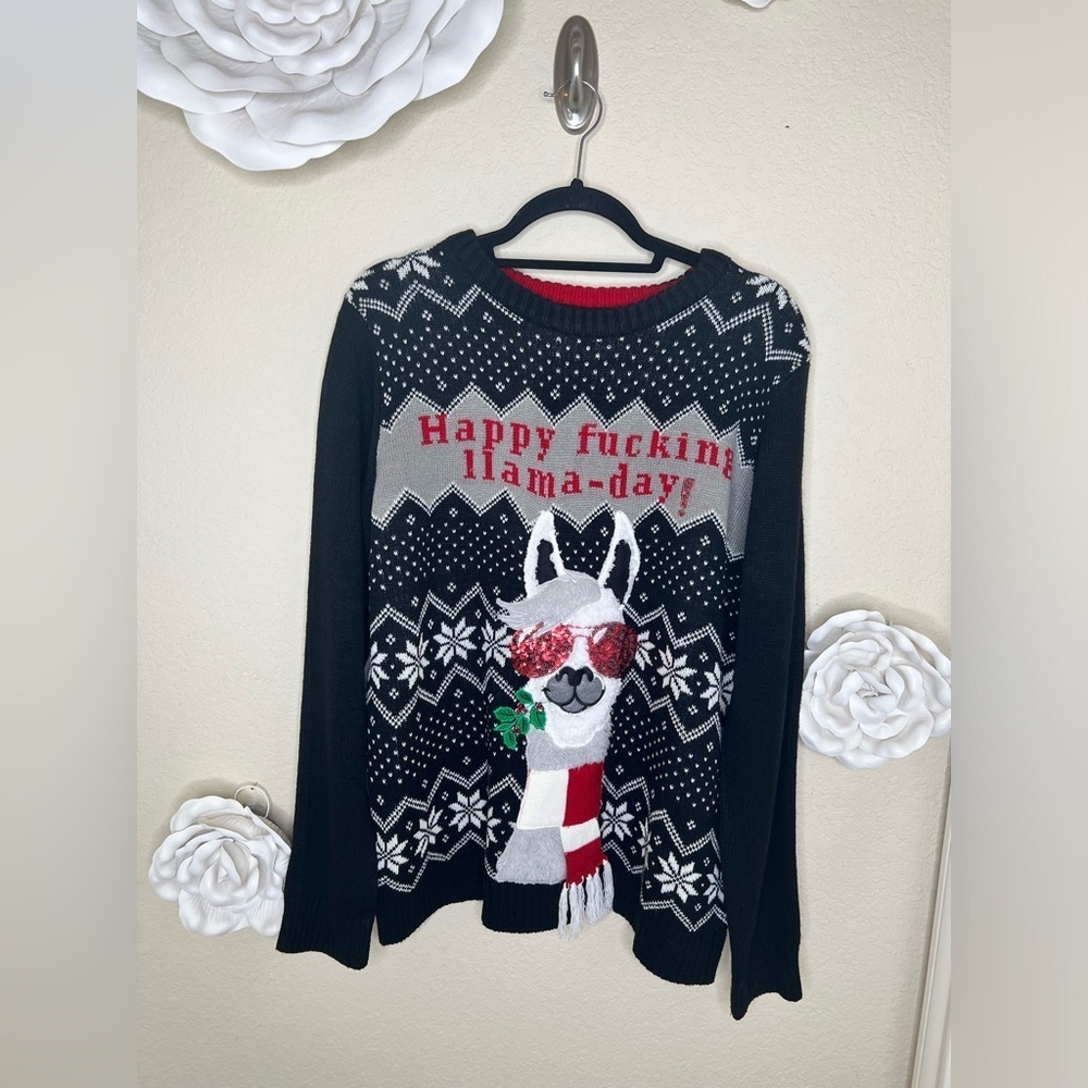 Spencer’s Black Grey White & Red Llama Ugly Christmas Sweater Size XL